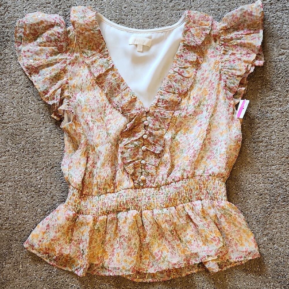 Parker Pink and Cream Floral Ruffle Blouse